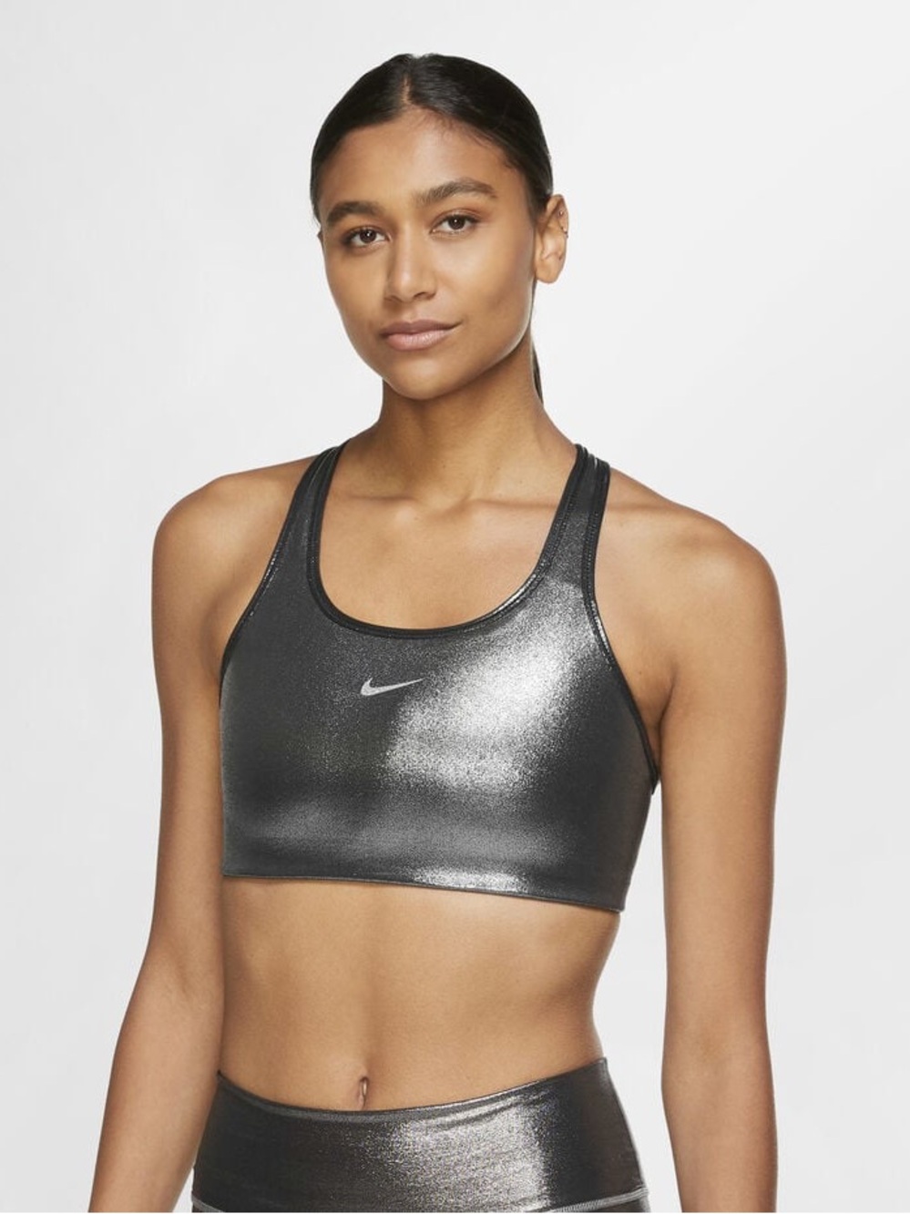 Nike Swoosh Icon Clash Shimmer Racerback Sports Bra size M silver/black - Picture 9 of 11